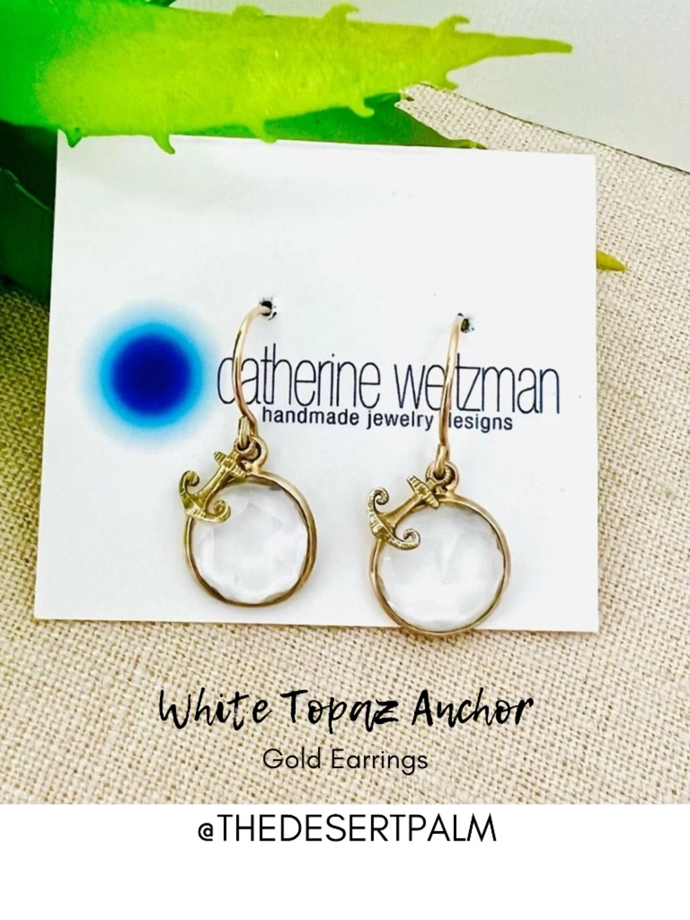 18K Gold Vermeil White Topaz Anchor Drop Earrings Handmade Hawaii NWT
